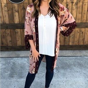 Xhilaration Y2K Sheer‎ Whimsigoth Floral Burgundy Neutral Midi Romantic Kimono S